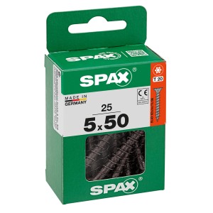Verpackung Spax Universalschrauben 5x50 mm, verzinkt, schwarz, 25 Stück für Spanplatten und universelle Anwendungen.