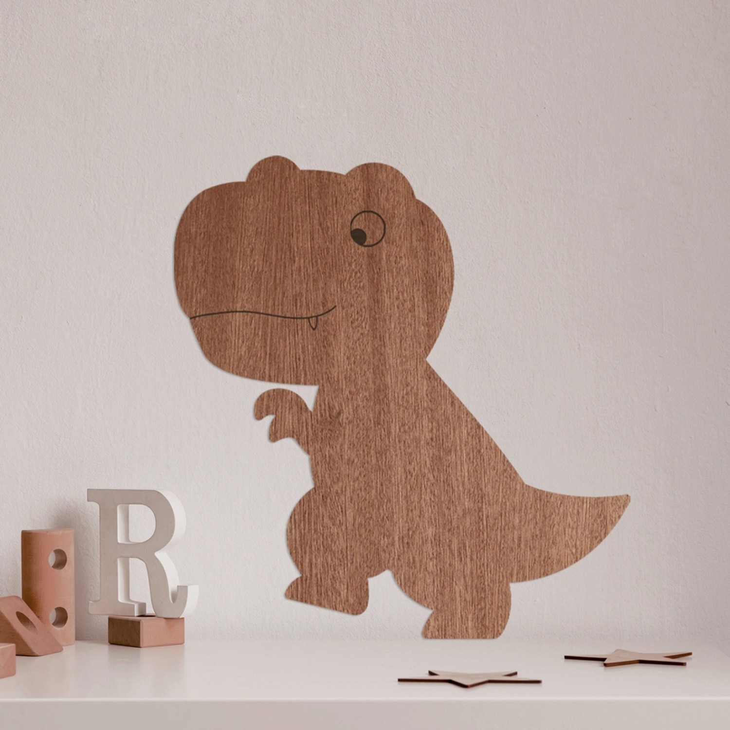 Wanddeko Dino T-Rex aus Holz, Mahagoni-Furnier, 38x40 cm, für Kinderzimmer.