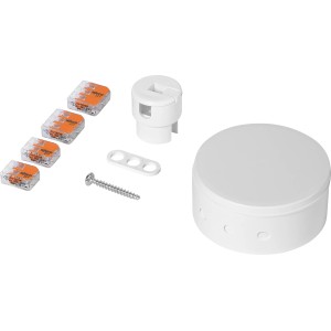 Weißes Verteilerbaldachin-Set (Ø 70mm, 8-teilig) mit Zubehör zur Deckenmontage.