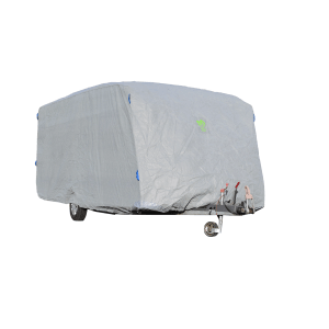 Graue GreenYard Abdeckplane XL für Wohnwagen 670x250x220 cm zum Schutz vor Frost und UV-Strahlung.