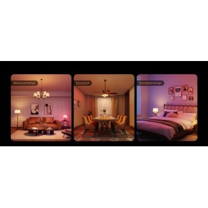 Smarte Govee RGBWW LED Bulbs E14 in Wohnzimmer, Essbereich, Schlafzimmer. Farbige, dimmbare Beleuchtung für Smart Home.