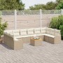 Beige-weißes 11-teiliges vidaXL Garten-Sofa-Set aus Rattan mit Tisch und Polstern.