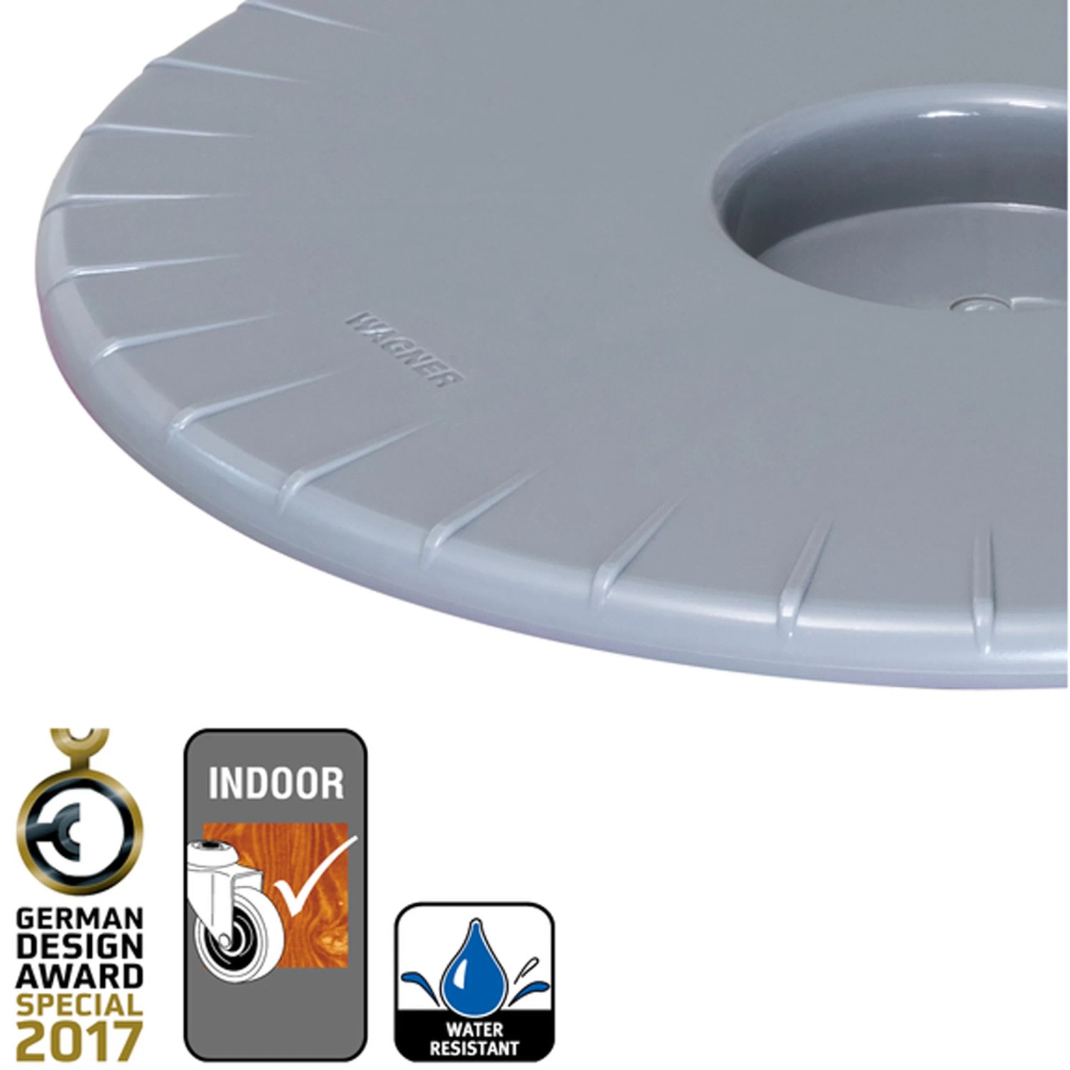 Silberner Wagner Pflanzenroller Ultraflat Ø 30 cm für den Innen- und Außenbereich.