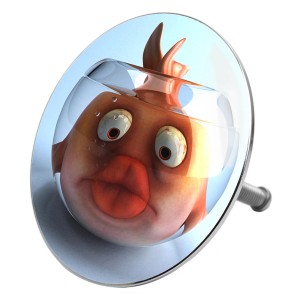 Sanilo Badewannenstöpsel mit Goldfisch-Motiv, verchromter Messingkopf, Durchmesser 7,2 cm.