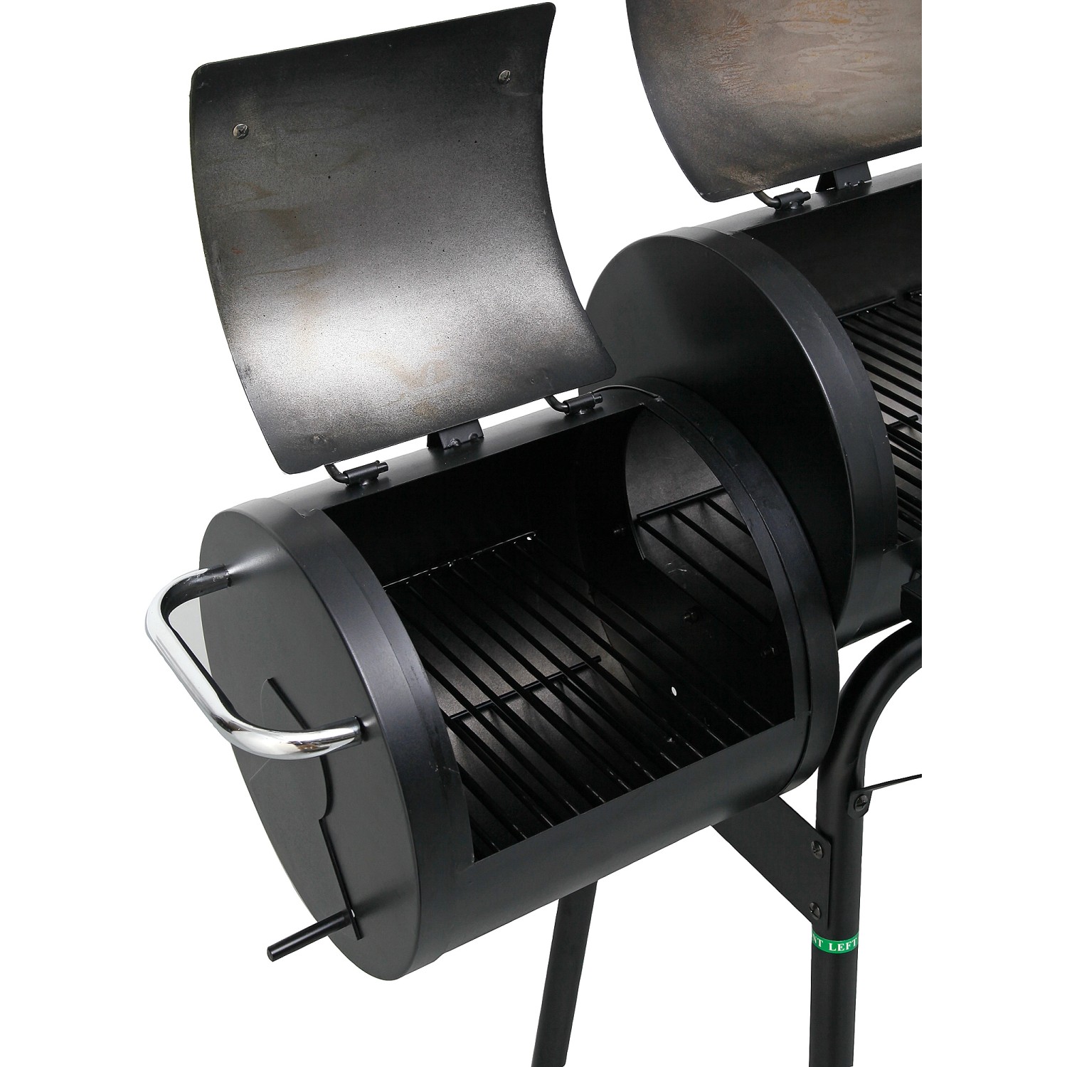 Schwarzer tepro Smoker Wichita Holzkohlegrill mit geöffneten Deckeln und Grillrosten.