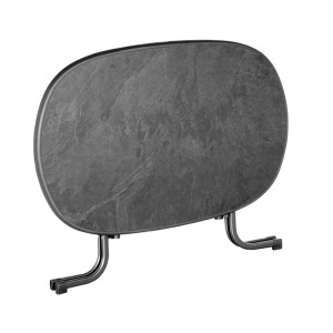 Zusammengeklappter, runder Sieger Klapptisch (Ø 90 cm) mit anthrazitfarbener Tischplatte und Stahlgestell.