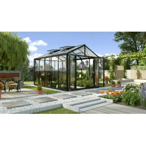 Vitavia Gewächshaus Zeus Comfort 10000, schwarzer Rahmen, 10 m² Fläche im Garten.