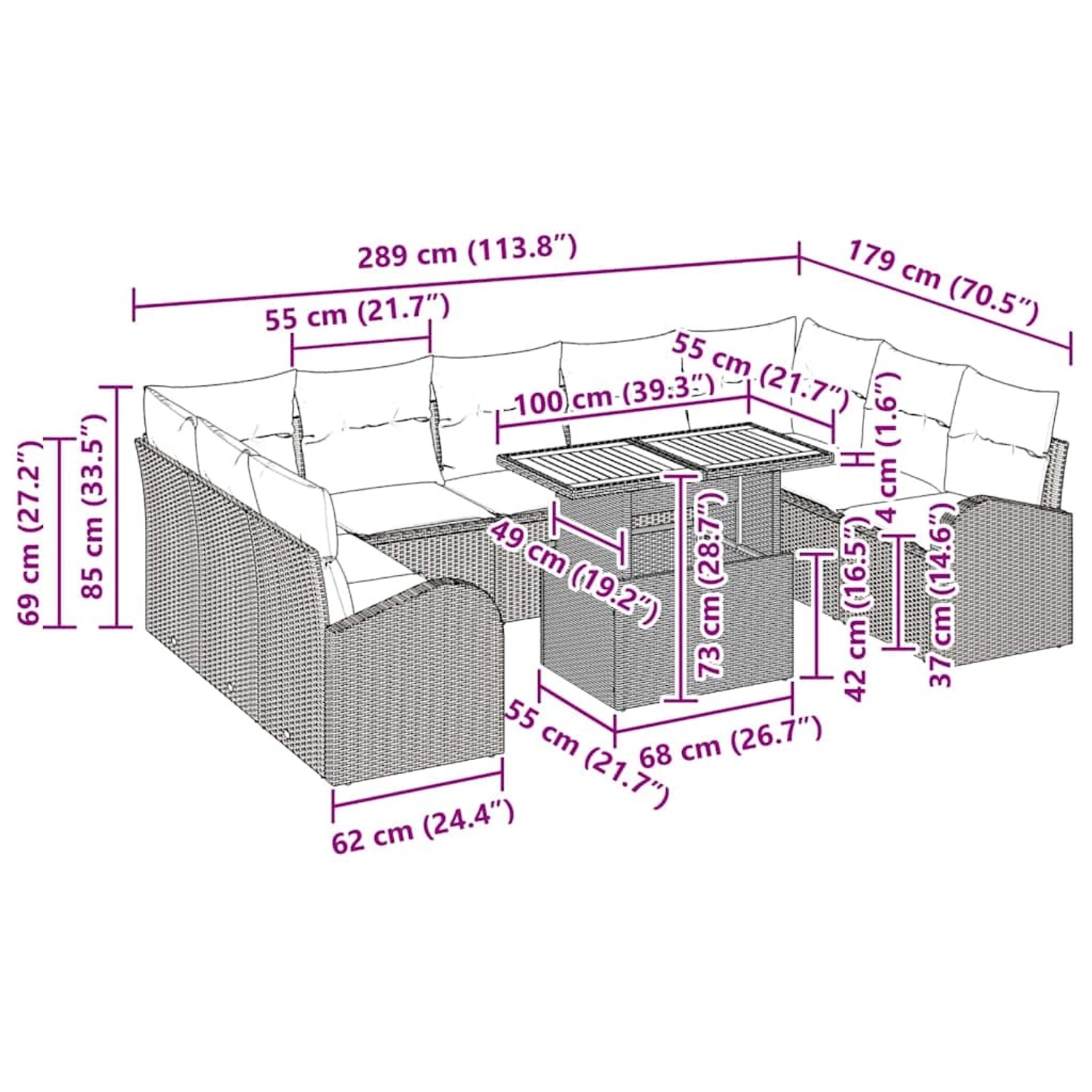 Beiges 10-tlg. vidaXL Garten-Sofa-Set aus Polyrattan mit Stauraum und Tisch.