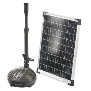 Heissner Solar-Teichpumpen-Set Hybrid mit Pumpe, Solarpanel und Wasserspielen für den Gartenteich.