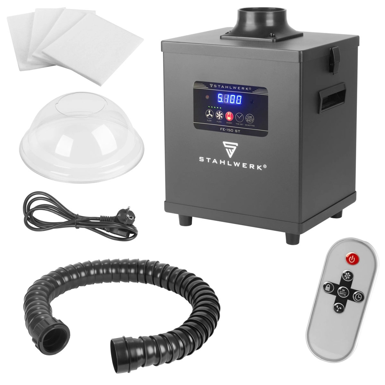 STAHLWERK Rauchabsaugung FE-150 ST mit Filtern, Schlauch, Absaugglocke und Fernbedienung.