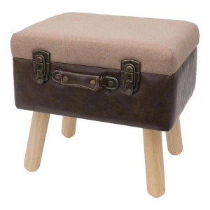 Vintage Sitzhocker Koffer mit beigem Leinenstoff, braunem Kunstleder, Metallbeschlägen und Holzbeinen. Mit Stauraum.