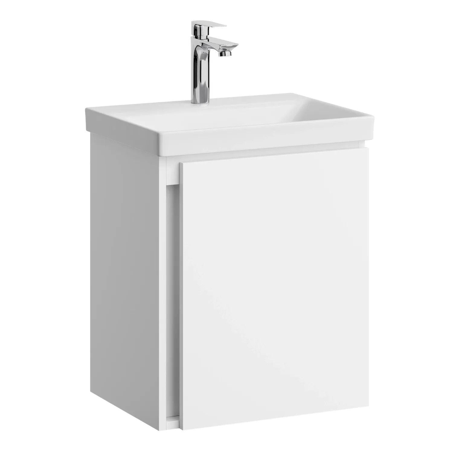 Planetmöbel Waschtischunterschrank 50 cm Weiß mit Keramikwaschbecken Armatur Chrom Soft Close
