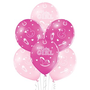 Party Factory Latexballons Baby Girl, 10 Stück, rosa und pink mit Baby-Motiven.