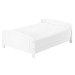 Weißes Kiefer Doppelbett 140x200 mit Rollrost und verstellbarer Einlegetiefe.