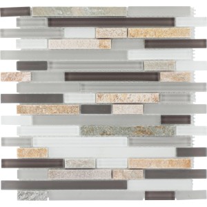 Mosaikmatte Quarzit & Glas in Beige, Schwarz und Grau, Brick Design, 30x30 cm.