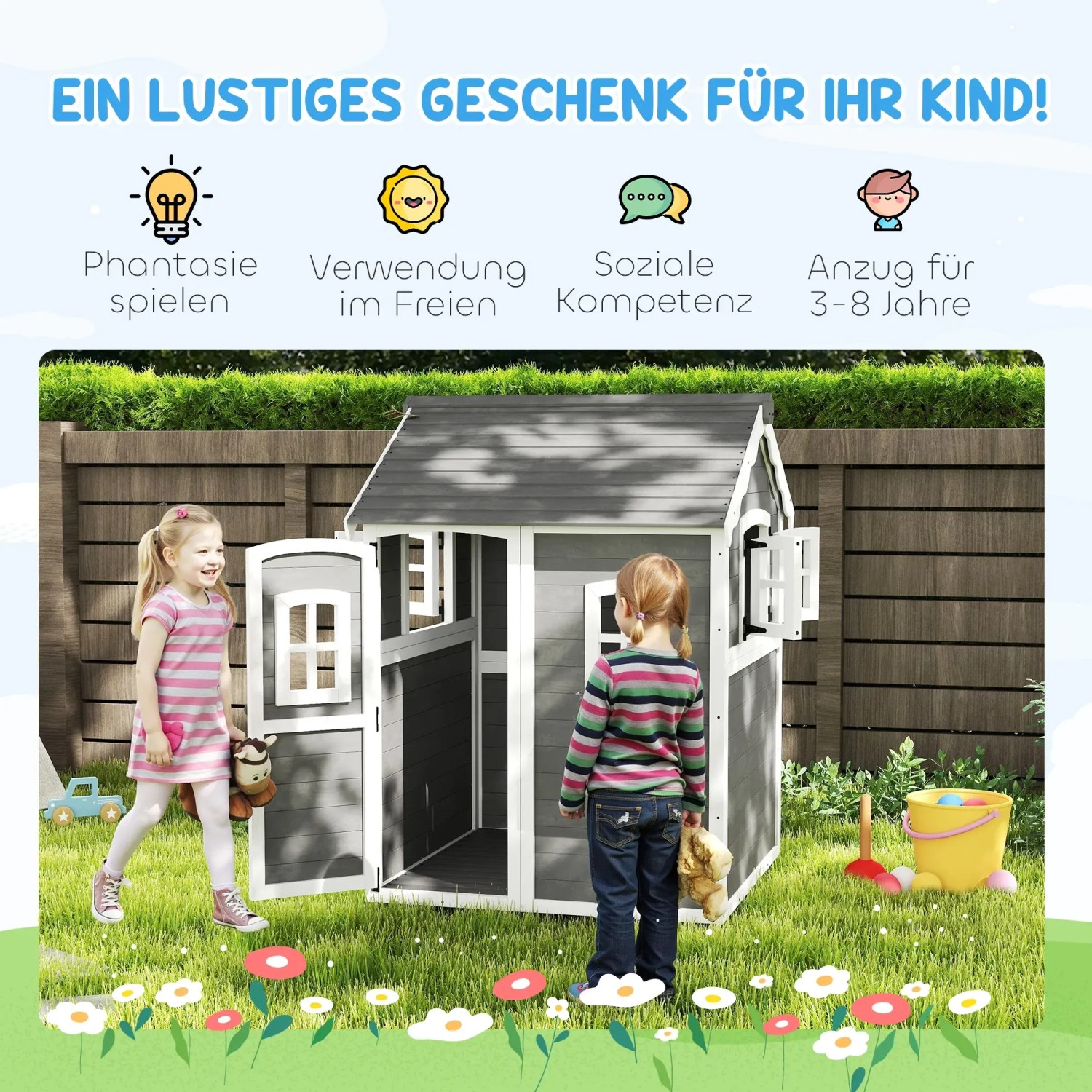 Outsunny Kinderspielhaus aus Holz mit Pflanzkasten im Garten mit spielenden Kindern.
