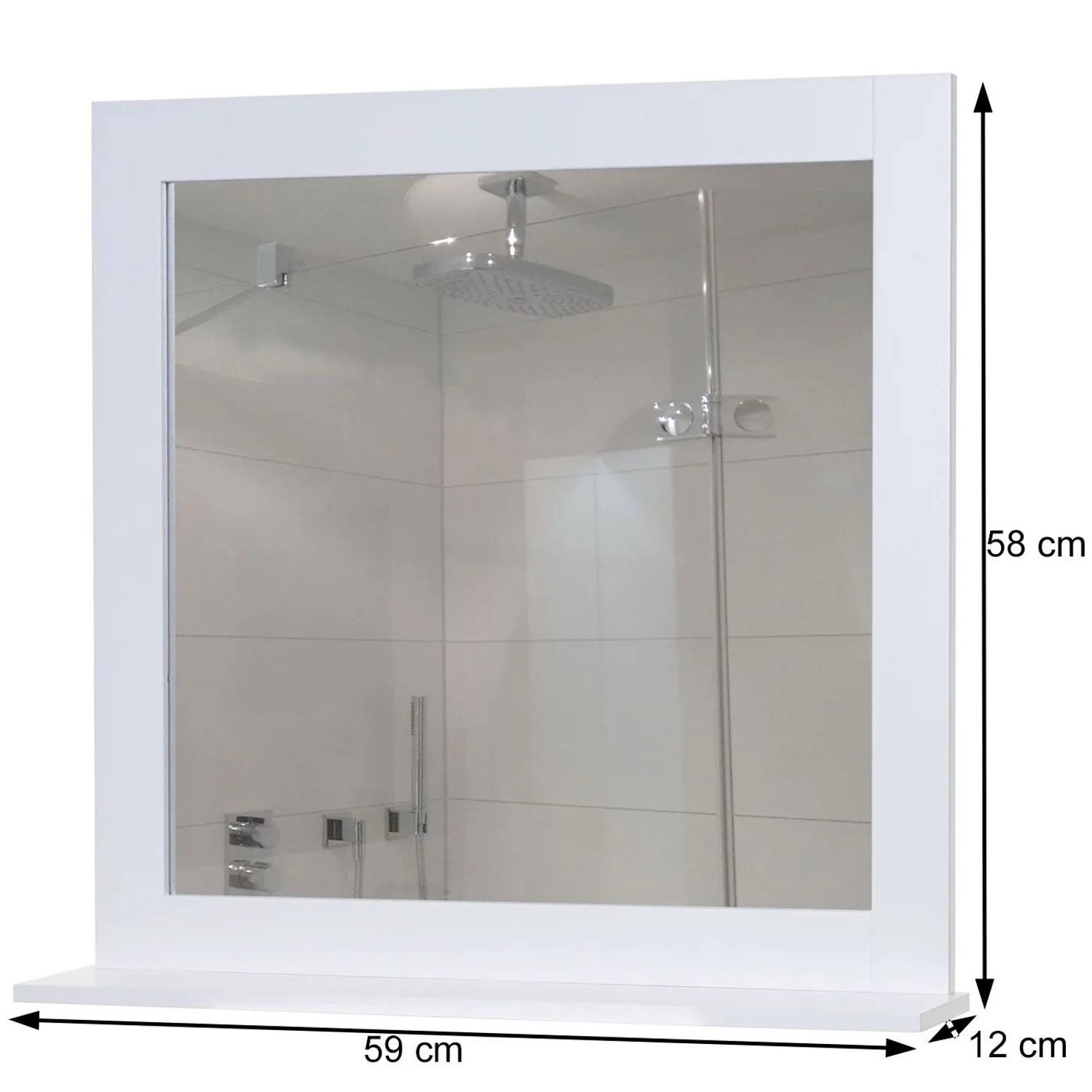 Weißer MCW Wandspiegel F75 mit Ablagefläche, rechteckig, im Badezimmer. Maße: 58x59x12 cm.