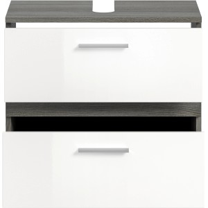 Waschbeckenunterschrank Blake, weiß hochglanz, mit 2 Schubladen und silberfarbenen Griffen.