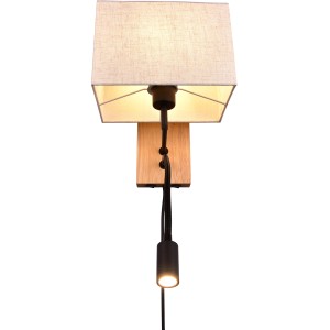 Wandleuchte Nilam mit Stoffschirm, Lesearm und Holz-Element. Naturbelassene Optik für Wohn- und Schlafbereich.