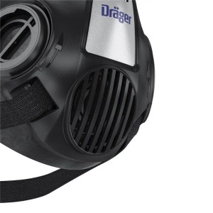 Schwarze Dräger X-plore 3500 Atemschutzmaske mit Filter und Gurt für Handwerk und Staubschutz.