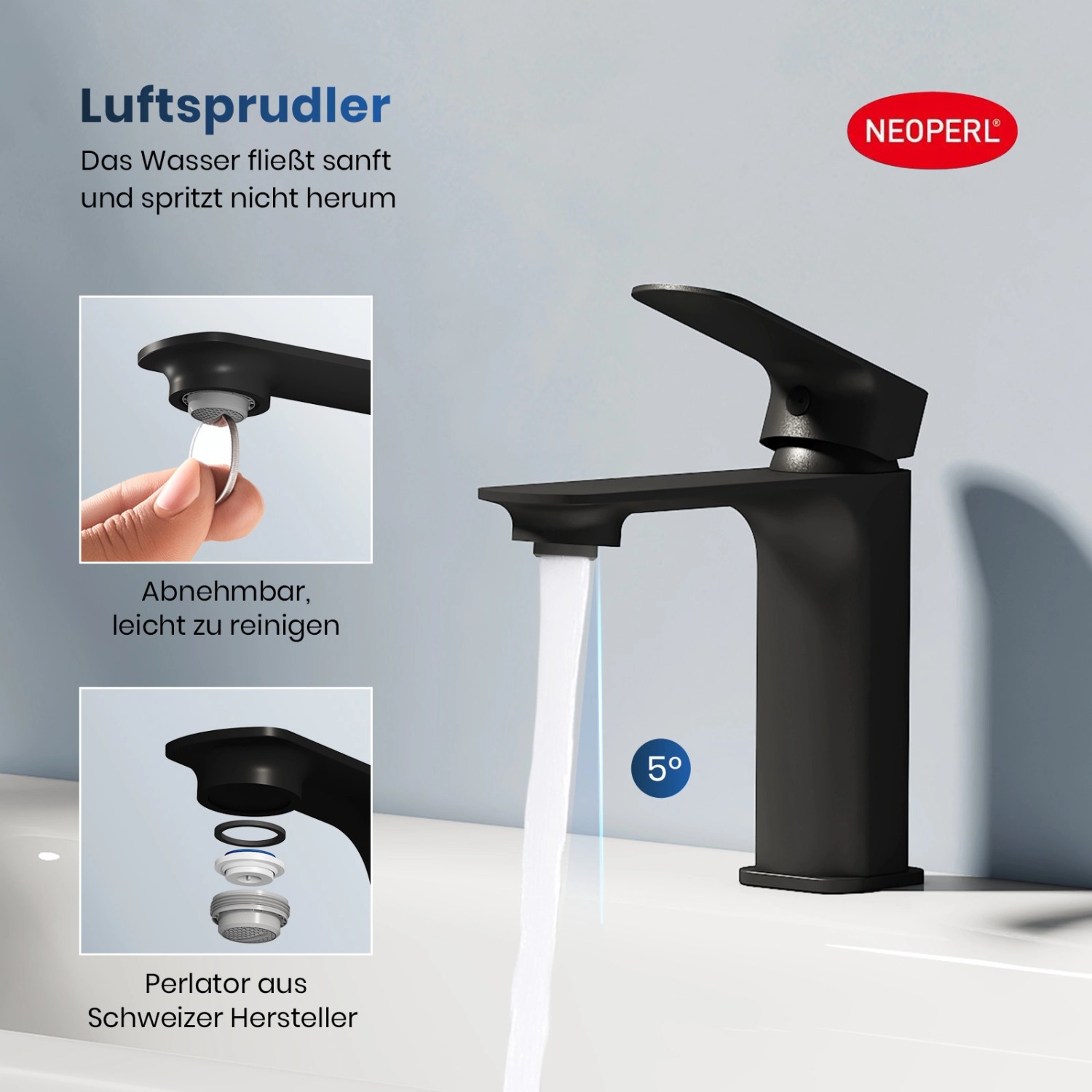 Emke Waschtischarmatur, schwarz matt, mit Wasserstrahl und Detailansichten des Perlators.