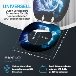 SANILO WC-Sitz Glow Turtle mit Absenkautomatik, blau-schwarzes Design mit leuchtenden Schildkröten.