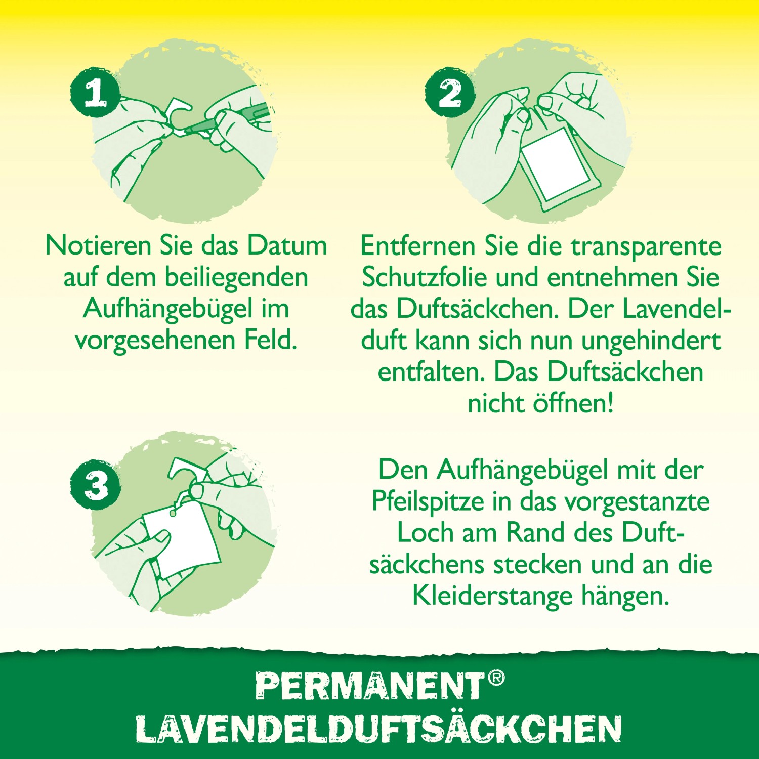 Anleitung zur Anwendung der Neudorff Lavendelduftsäckchen gegen Kleidermotten in 3 Schritten.