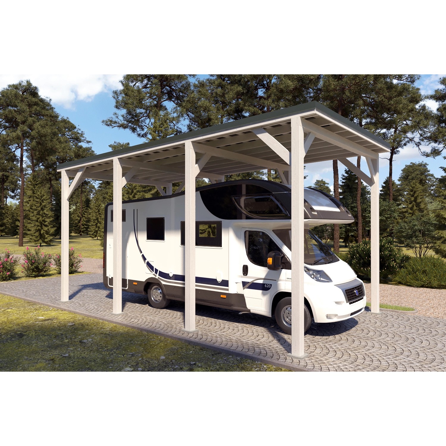 Holzbrüder Camping-Carport Ralf 28m² Reinweiß-Dornengrün günstig online kaufen