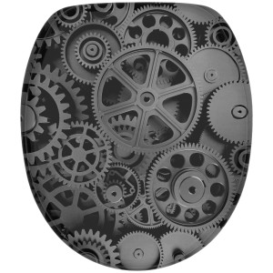 Sanilo WC-Sitz Gears mit Absenkautomatik, Holz, mit Zahnrad-Motiv.