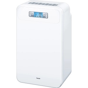 Weißer Beurer Luftentfeuchter LE 40 mit digitaler Anzeige für Luftfeuchtigkeit und Temperatur.