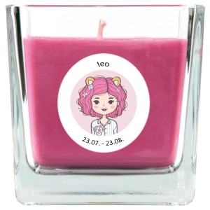 Duftkerze Löwe im Glas, Lavendel, 50h Brenndauer. Stumpenkerze mit Sternzeichen-Motiv.