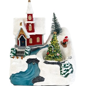 Beleuchtetes OBI Weihnachtsdorf: Kirche, Tannenbaum, Skifahrer. Mehrfarbige Kunststoff-Weihnachtsdekoration für Tisch & Fensterbank.