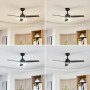 Schwarzer LED Deckenventilator Aerallo mit Lampe und verschiedenen Lichtfarben.