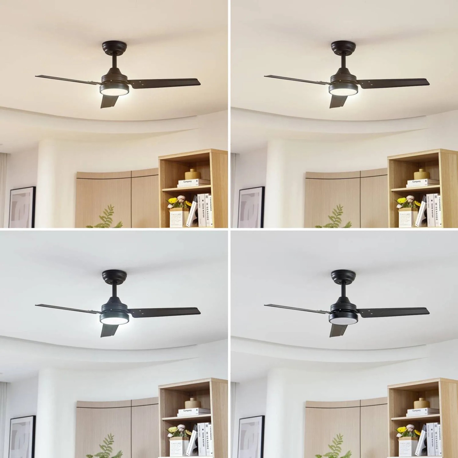 Schwarzer LED Deckenventilator Aerallo mit Lampe und verschiedenen Lichtfarben.