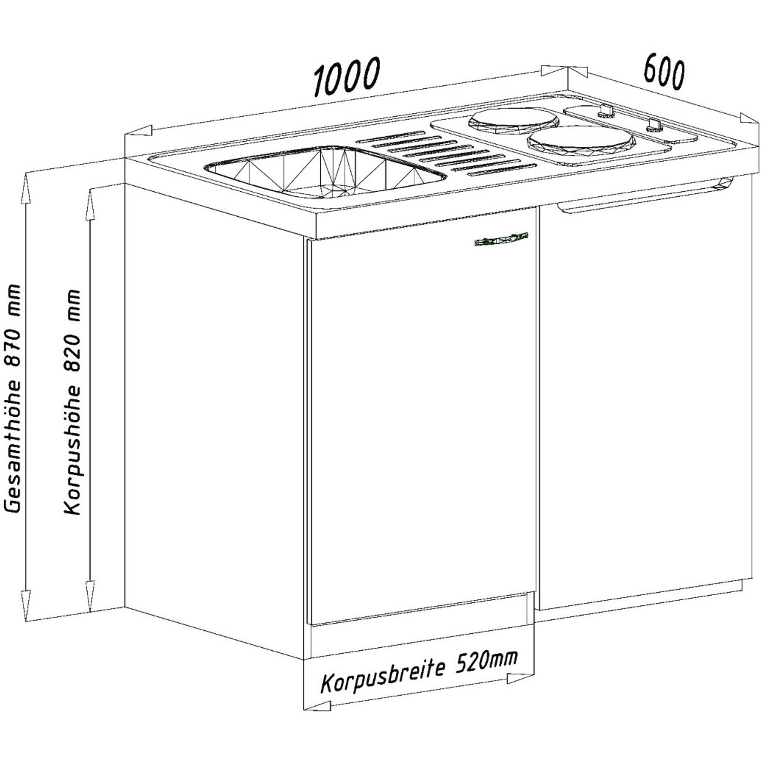 Respekta Miniküche MK100ESSC, 100cm, Schwarz/Eiche Sägerau Nachbildung, mit Kühlschrank und Glaskeramikkochfeld.