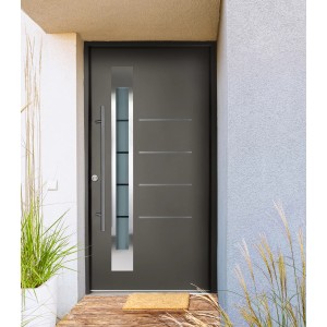 Moderne anthrazitfarbene Splendoor Haustür Berlin Prime mit Edelstahlapplikationen und Glaseinsatz.