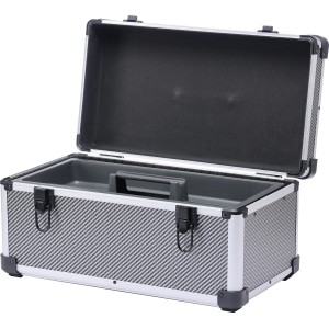 Offener LUX Aluminium Werkzeugkoffer in Silber/Schwarz mit Trageeinsatz.