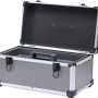 Offener LUX Aluminium Werkzeugkoffer in Silber/Schwarz mit Trageeinsatz.