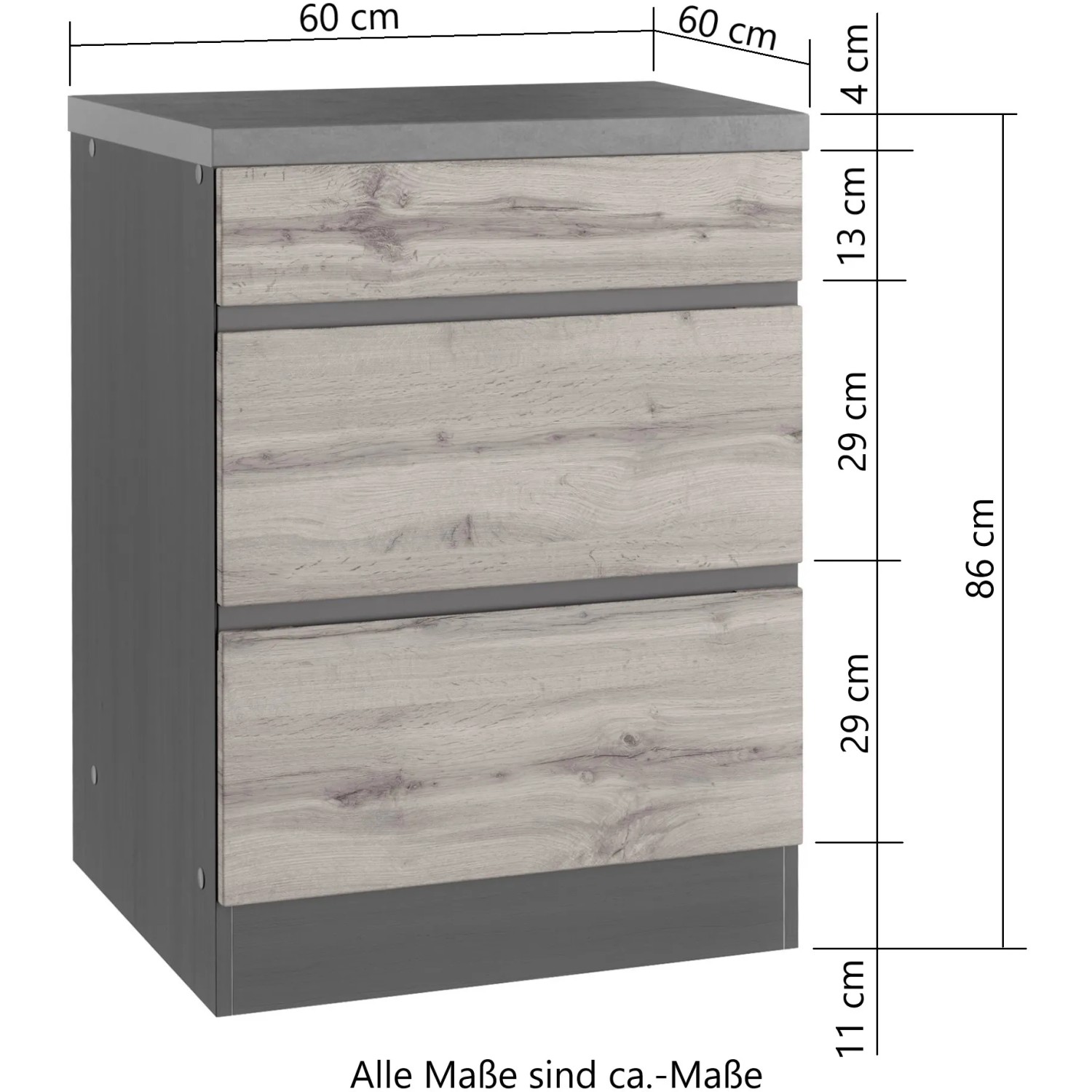 Held Möbel Küchenunterschrank Turin, 60 cm, Wotaneiche/Graphit, mit Auszügen und Schubkasten.