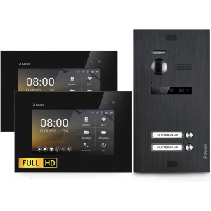 Balter EVO Video-Türsprechanlage für 2-Familienhaus mit 2 Monitoren und Türstation in Schwarz.