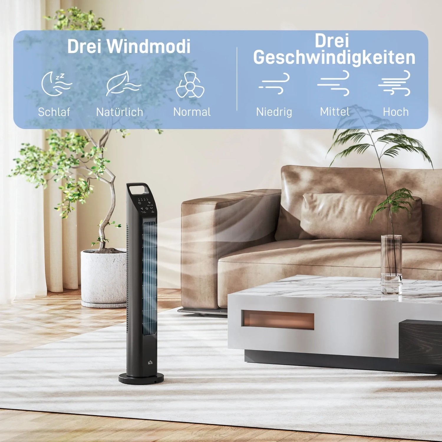 Schwarzer HOMCOM Turmventilator mit drei Modi und Fernbedienung im Wohnzimmer.