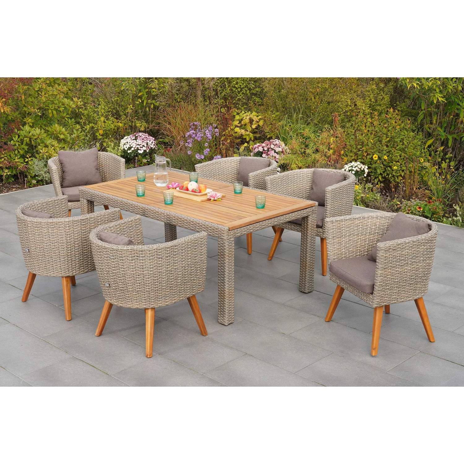 Merxx Gartenmöbelset Imperia, 7-teilig: Ausziehtisch und 6 Sessel mit Auflagen aus Akazienholz und Kunststoffgeflecht.