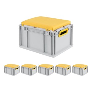 SparSet: 6 graue Euroboxen mit gelbem Sitzkissen, 20 Liter, mit Griffen. Ideal als Transport- und Sitzbox.