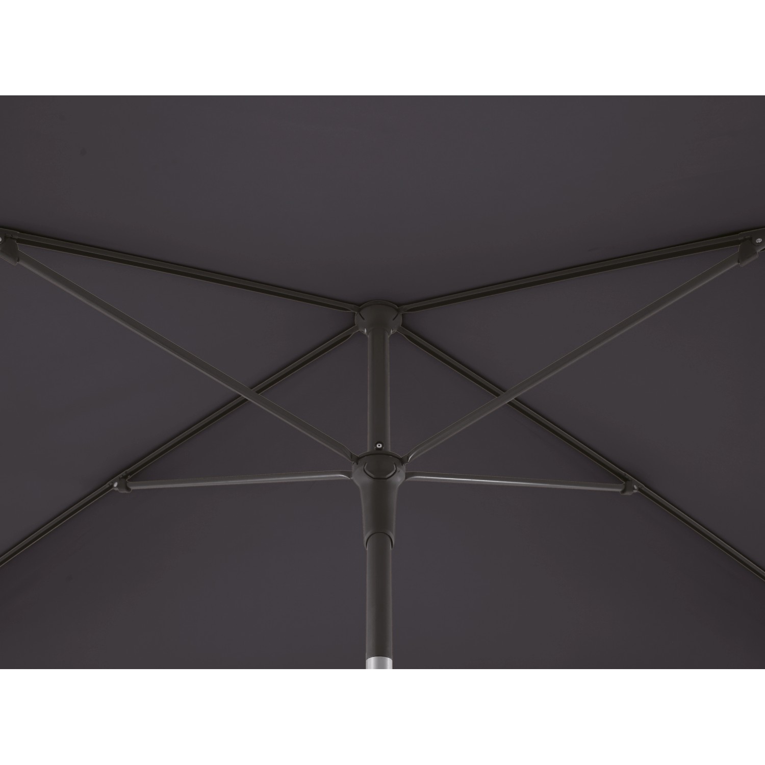 Anthrazit Marktschirm (140x210 cm) mit Push-Up Mechanik, Blick von unten.