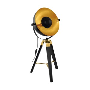 Eglo Tischleuchte Covaleda, schwarz-goldene Design-Tischlampe mit Holzfuß und Metallschirm, Ø 38 cm.