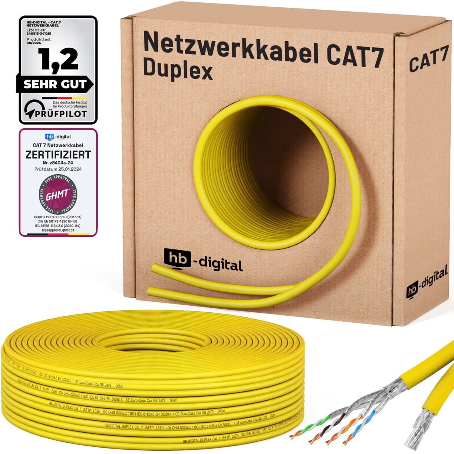 hb-digital CAT 7 Kabel Duplex Ethernetkabel LSZH max. 1000 MHz S/FTP AWG23 25m gelb
