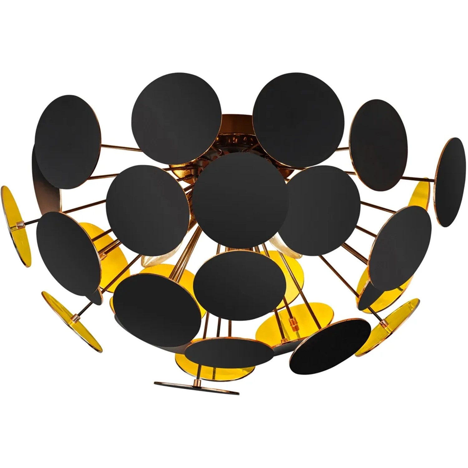 Moderne Trio Deckenleuchte Discalgo in Schwarz-Gold mit runden Kunststoffscheiben.