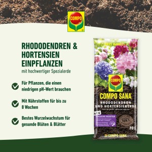 Compo Sana Rhododendronerde, 50L Sack mit Abbildung von Rhododendron, Hortensie, Azalee, Erika und Kamelie.