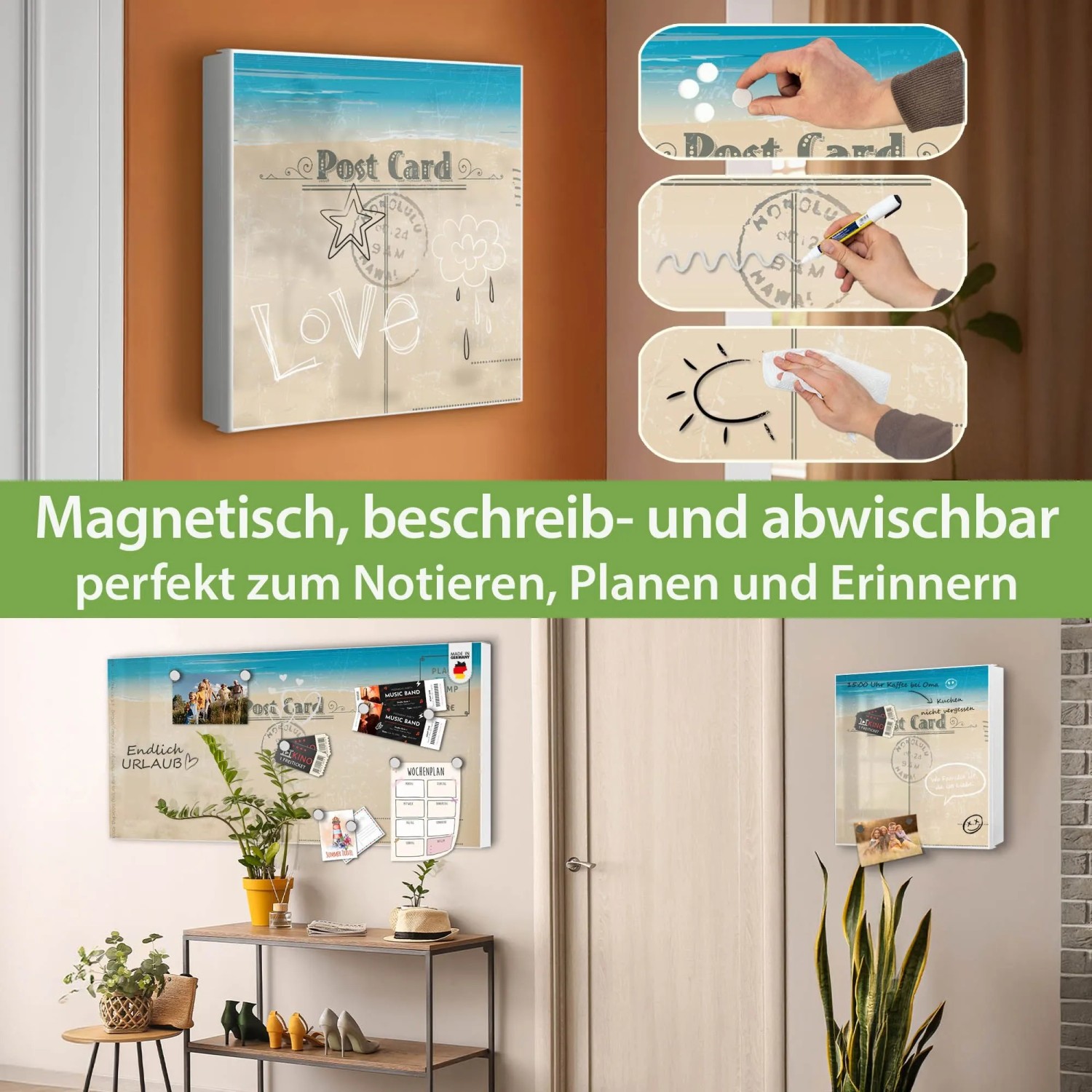 Banjado Großer Schlüsselkasten Metall 30x30cm Weiß Scharnier Links 50 Haken Beschreibbar Magnetisch Motiv Postkarte
