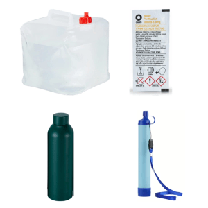 JUNG BLACKOUTPro Trinkwasseraufbereitungs-Set: Faltkanister, Tabletten, grüne Trinkflasche, blauer Wasserfilter. Notfall Ausrüstung.